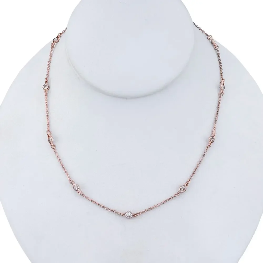 Vintage Sterling Silver 925 Rose Gold-Tone Cubic Zirconia Station Necklace 16